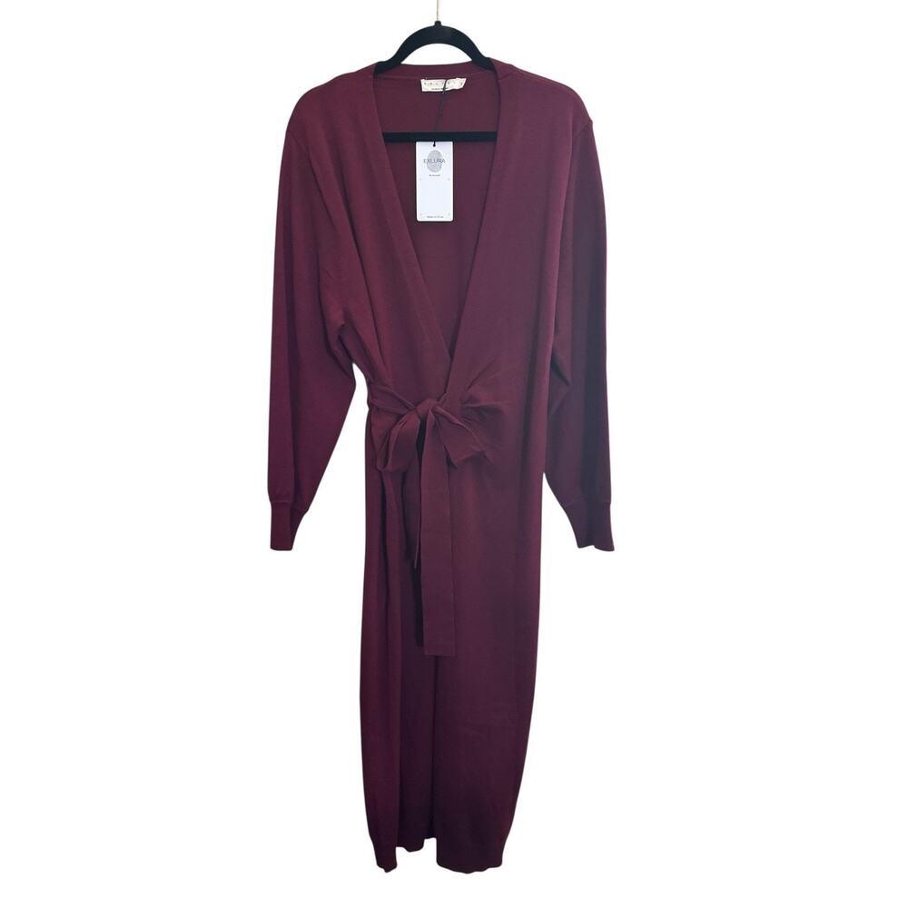 NWT Exlura Womens Medium Burgundy Solid Long Sleeve Wrap Tie Maxi Dress #6561